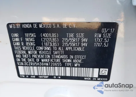 2017 Honda Hr-V Lx z USA, uszkodzony, nr VIN 3CZRU5H36HM720655